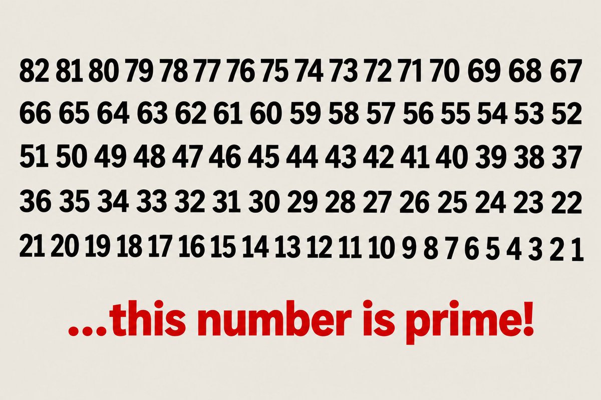 Math_files's tweet photo. The ultimate "trust me bro" of mathematics. The string of numbers 82 down to 1 is prime! https://t.co/qgdDLJLcAn