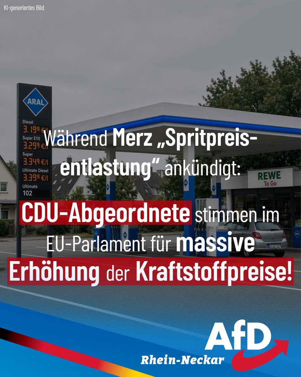 AfD_RNK's tweet photo. ++ CDU stimmt für massive Erhöhung der Spritpreise! ++

Gestern hat Friedrich Merz eine „Spritpreisentlastung“ angekündigt. Am selben Tag (!) stimmten seine CDU/CSU-Kollegen im EU-Parlament für die Änderung des Zertifikatehandels ETS2, die eine massive Erhöhung der Kraftstoffpreise zur Folge haben wird.

Die CDU hasst ihr eigenes Volk!