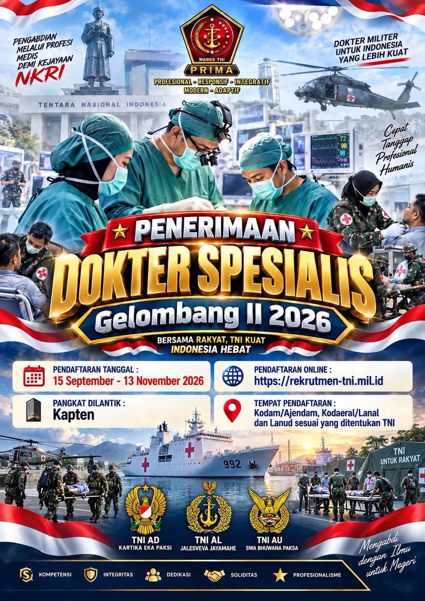 kodim0313kpr's tweet photo. 🇮🇩 AYO PUTRA PUTRI TERBAIK INDONESIA, SAATNYA MENGABDI UNTUK NEGERI! 🇮🇩
Jadilah bagian dari Tentara Nasional Indonesia (TNI) melalui Penerimaan Perwira Prajurit Karier (Pa PK) TNI Gelombang II TA 2026.
 dapat diakses melalui:
https://t.co/dE7OXmgPY2 https://t.co/xnObMGlfyN