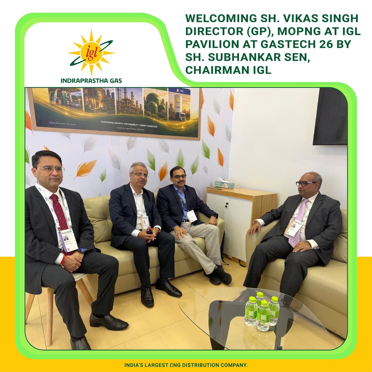 IGLConnect's tweet photo. IGL was pleased to welcome Shri Vikas Singh, Director (GP), MoPNG, at the IGL Pavilion.

A valuable interaction reflecting the importance of collaboration in shaping India’s evolving natural gas ecosystem and advancing the journey towards a cleaner energy future. 🌱

#IGL #Gastech2026 #MoPNG #NaturalGas #EnergyTransition #CleanerEnergy #IndiaPavilion