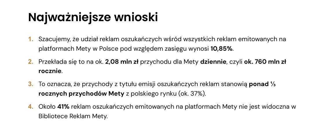 BochynskaNikola's tweet photo. ‼️Już jest - raport @fundacjainstrat na temat scamu na platformach @Meta 

Według analityków gigant notuje 2,08 mln przychodu DZIENNIE na oszukańczych reklamach w PL. 

Biorę się za lekturę, wszystkim polecam, a więcej niedługo na @wnppl https://t.co/AJ8x97f3pd