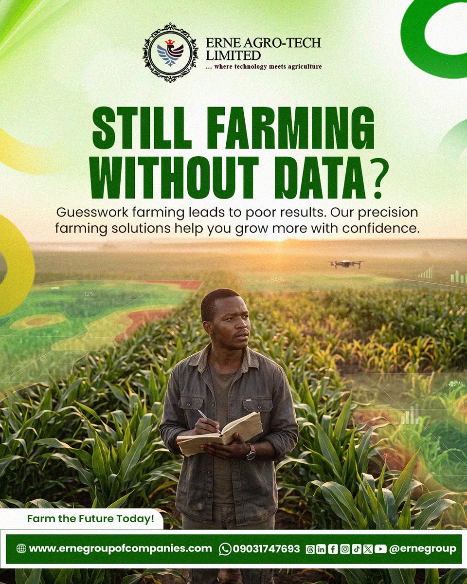 ernegroup's tweet photo. Precision farm requires accurate data to be both efficient and effective.

We can show you how at Erne Agro Tech Limited.

Contact: +234 903 174 7693

#erneagrotechlimited #ernegroupofcompanies #ernegroup #agriculture #food https://t.co/4pNaeVVGwf