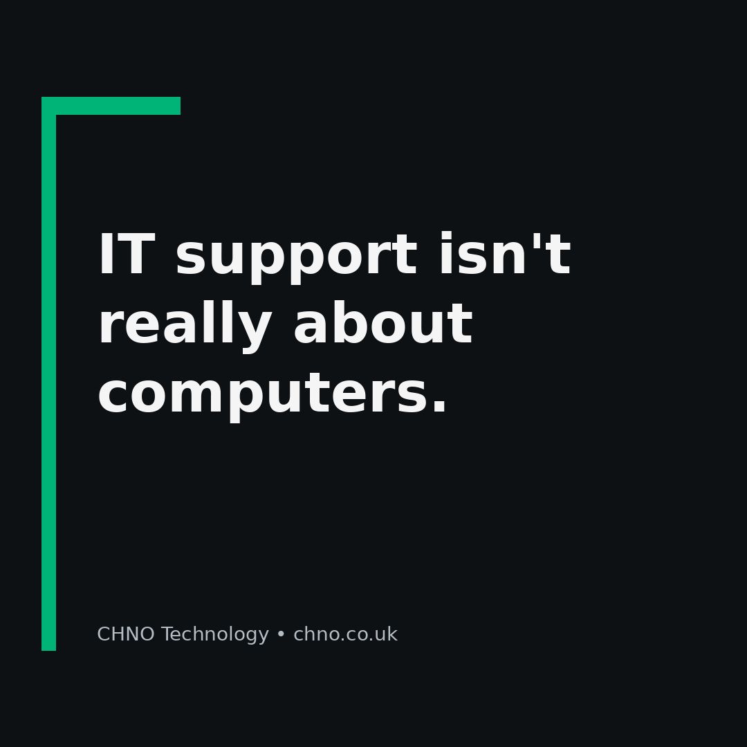 chnotechnology's tweet photo. Good IT support isn't just knowing technical answers.

It's understanding the problem, explaining it in normal English and getting somebody working again with minimum disruption.

The computer is only half the job.

#ITSupport https://t.co/wcvHNmmdiE