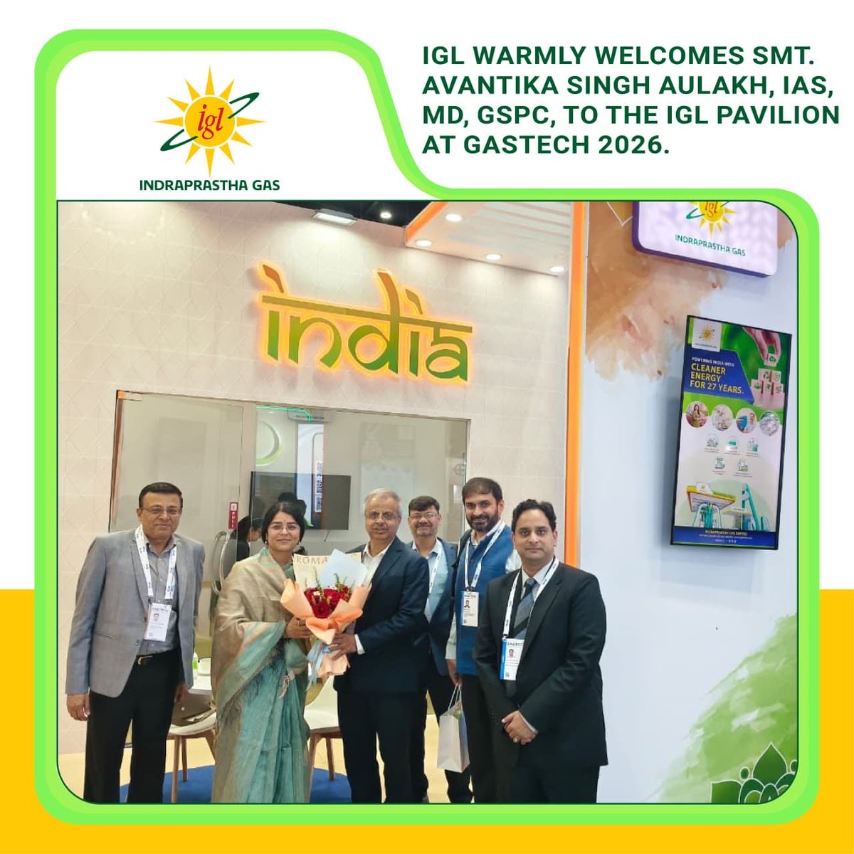 IGLConnect's tweet photo. A warm welcome at the IGL Pavilion! 🌍✨

IGL was delighted to welcome Smt. Avantika Singh Aulakh, IAS, Managing Director, GSPC, to the IGL Pavilion at Gastech 2026.

Her visit added to the meaningful exchanges at Gastech, fostering conversations around collaboration, innovation and the evolving natural gas ecosystem.

#IGL #Gastech2026 #GSPC #NaturalGas #EnergyTransition #CleanerEnergy #IndiaPavilion