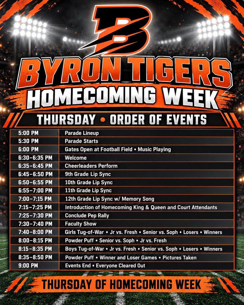 byronhsad's tweet photo. Homecoming timeline for Thursday. #ByronTigers #TigerPride https://t.co/GWz7votO3W