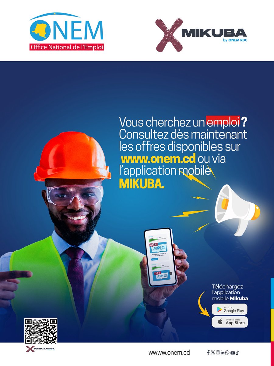 onem_cd's tweet photo. 🏗️ Vous cherchez un emploi ? 
Consultez dès maintenant les offres disponibles sur https://t.co/syCVxcjKco⁠ ou via l’application mobile #MIKUBA.

🔗 https://t.co/HwHpqRMc1V

📲 https://t.co/ghuPyRdUxo 
@Presidence_RDC 
@PrimatureRDC 
@Com_mediasRDC 
@MinEmploiTraRDC 
@jeunesseEP_RDC 
@CnjRDC 
@FECRDC 
@fanon_beya