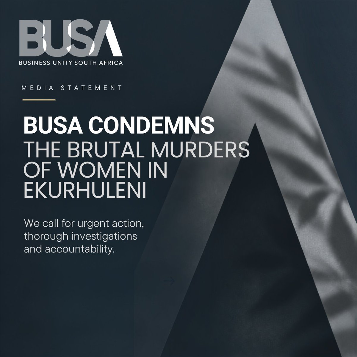 BusinessUnitySA's tweet photo. BUSA condemns the spate of brutal murders of women in Ekurhuleni, particularly in the Kempton Park area.

Violence against women demands urgent and sustained action from all sectors of society. BUSA calls for an immediate and effective response, thorough investigations and accountability.

Read the full BUSA statement: https://t.co/G4H0iOa9rm

#GBV