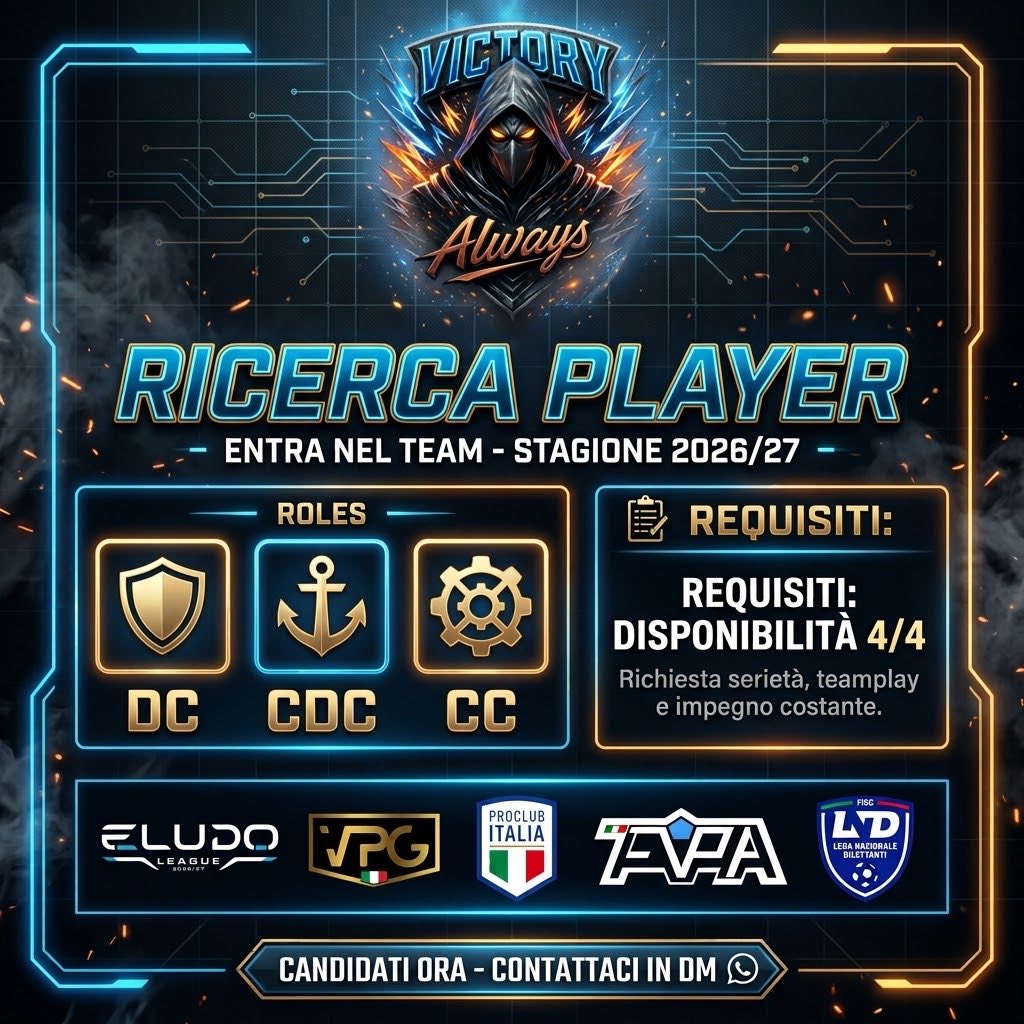 Victory_Always_'s tweet photo. VICTORY ALWAYS APRE LE SELEZIONI PER ULTIMI POSTI DISPONIBILI IN VISTA DELLA PROSSIMA STAGIONE

RUOLI RICERCATI: DC / CDC / CC

REQUISITI: DISPONIBILITÀ 4/4 - SERIETÀ 

PARTECIPIAMO A: ELUDO / LND / VPG / PCI / FVPA

👉 PER LE CANDIDATURE VI ASPETTO IN DM! 💬

@VCA_Group_eSp #VCA https://t.co/RSCE4wZhiw