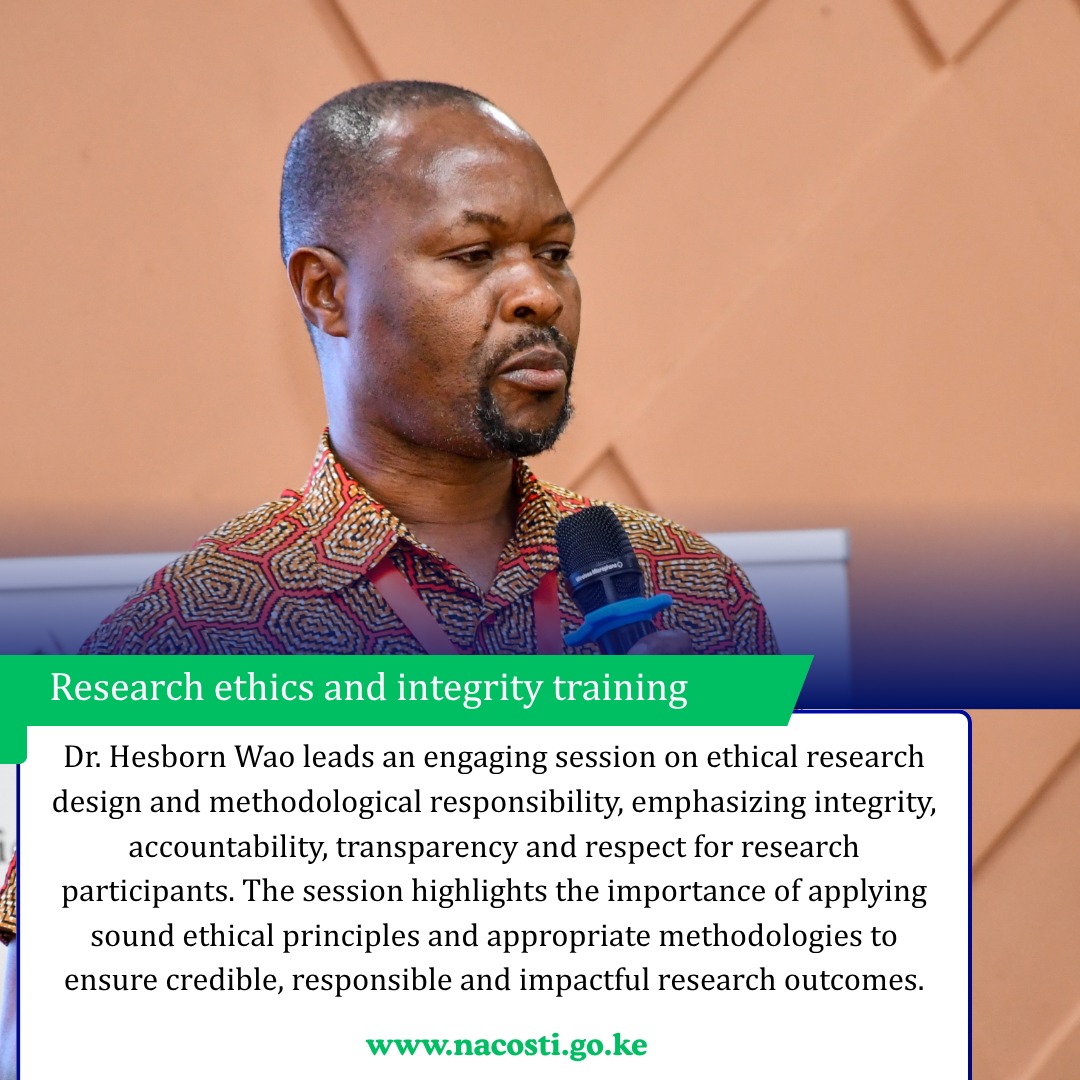 nacosti's tweet photo. Day 3. Session 2 - Dr. Hesbon Wao - APHRC on Methodological responsibility&amp;research integrity.
All properly submitted applications should be reviewed in a timely manner in accordance with the established review procedure​  
#ResearchEthicsTraining 
#STICapacityStrengthening 
#REI https://t.co/z1U4RPCXqf