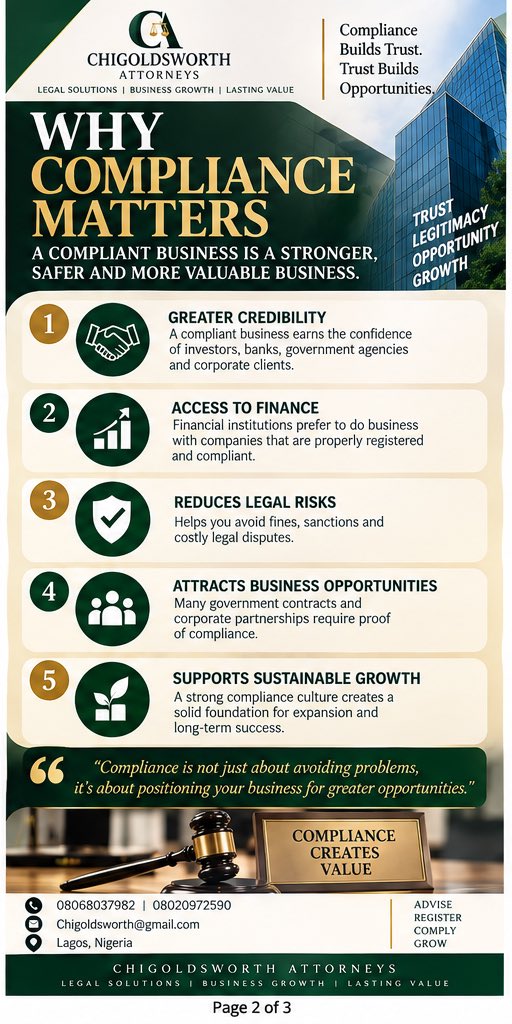 Goldokolicz's tweet photo. Compliance isn’t a business expense. It’s a business asset. 🧵👇
Many founders view compliance as a cash drain. Successful CEOs view it as an investment that drives growth. Here is why:
A compliant business enjoys massive credibility with investors, banks, and corporate clients. https://t.co/hdAwZ8SmUC