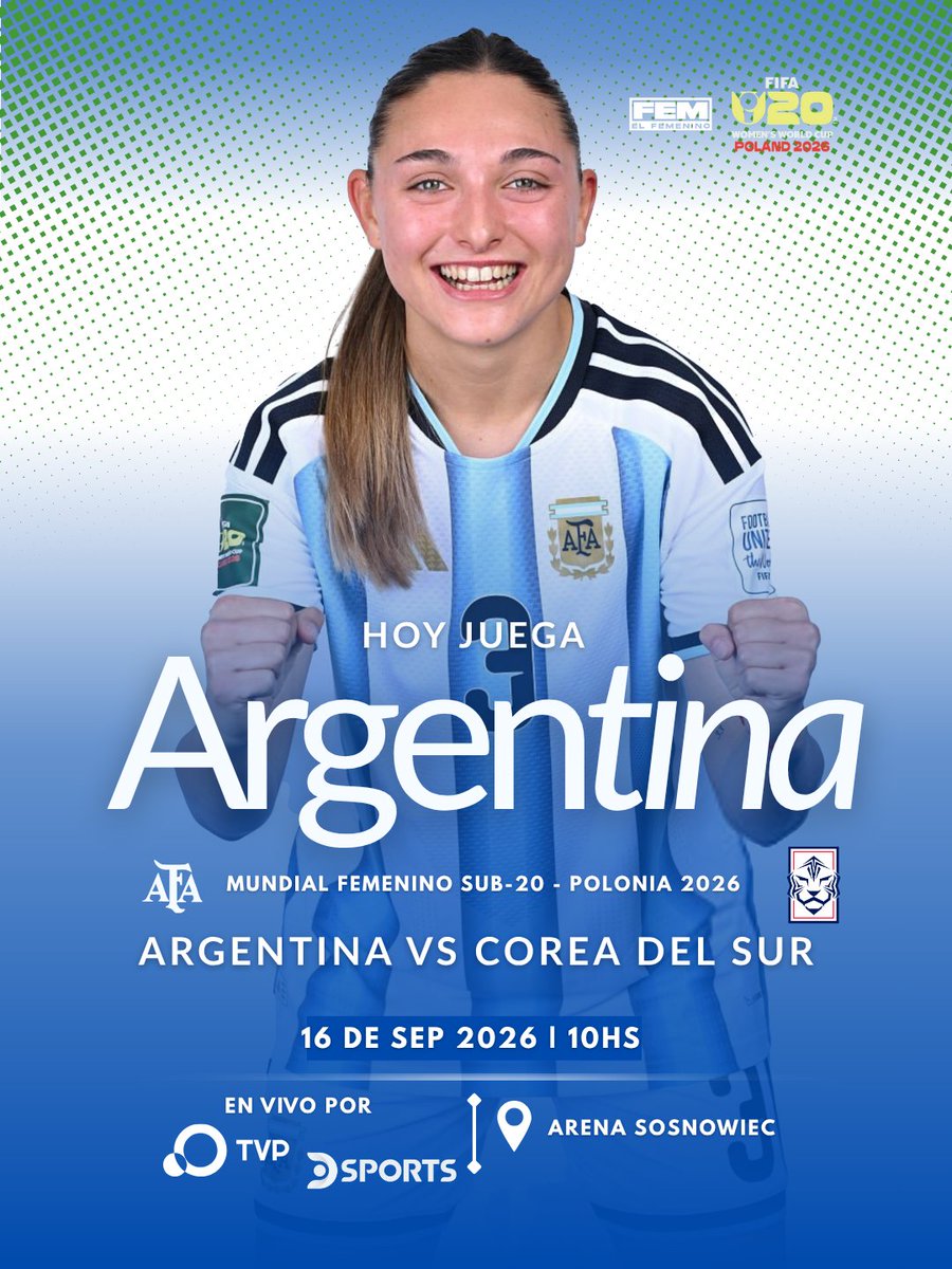 FemeninoAFA's tweet photo. 🇦🇷🔥 HOY JUEGA ARGENTINA
Argentina enfrenta a Corea del Sur por un lugar entre las 8 mejores del Mundial Femenino Sub-20. 🏆
🇦🇷 Argentina 🆚 Corea del Sur 🇰🇷
Octavos de Final - #U20FIFAWWC
📅 16/9
⏰ 10:00 (ARG)
🏟️ Arena Sosnowiec
📺 TV Pública y DSPORTS
Vamos, Argentina. 🇦🇷 https://t.co/piwDy1uSU2
