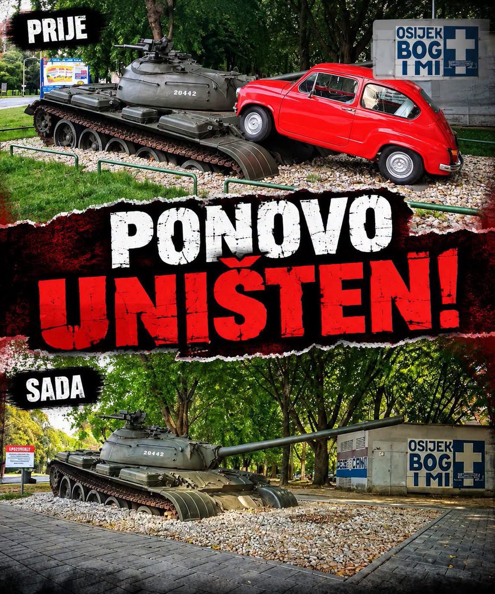 Sinovi_Domovine's tweet photo. 🔴 PONOVNO UNIŠTEN LEGENDARNI CRVENI FIĆO! 🇭🇷

Simbol otpora i prkosa iz Domovinskog rata, osječki Crveni Fićo, ponovno je oštećen. 
Počinitelj zasad nije poznat, a Fićo je zbog nastale štete morao biti uklonjen s instalacije i odvezen na popravak.
📹 Na lokaciji postoje nadzorne kamere. Zato apeliramo na nadležne da se snimke pregledaju i utvrdi tko je odgovoran.

Teško je razumjeti kome i zašto smeta spomenik koji čuva uspomenu na jedan od najprepoznatljivijih prizora hrvatskog otpora 1991. godine. Ovo nije samo automobil. Ovo je dio naše povijesti i sjećanja na Domovinski rat. 🇭🇷

Počinitelja treba pronaći, a odgovornost utvrditi.

S poštovanjem,
Sinovi Domovine 🇭🇷🕯️

#CrveniFićo #Osijek #DomovinskiRat #NeZaboravimo #hrvatskibranitelj