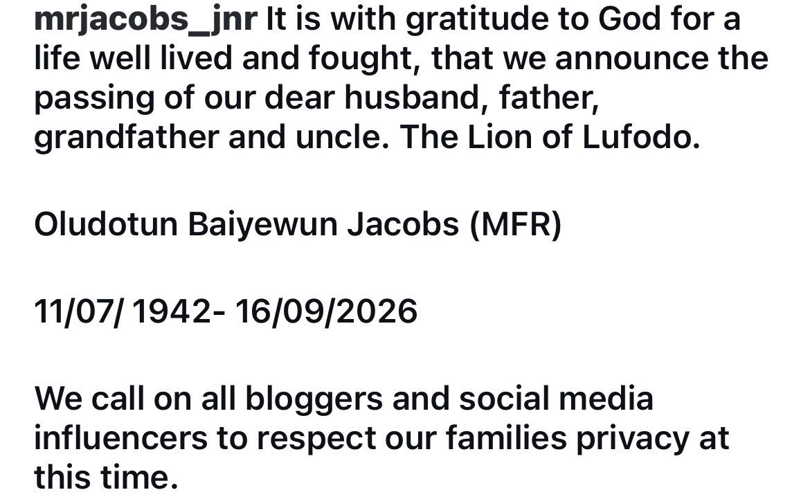 the_cruisetv's tweet photo. 💔🕊  

Veteran Nigerian actor, Olu Jacobs passes on to greatness 

Aged 84 years.

His Nollywood legacy lives on 🙏 https://t.co/CYrjNMkwbL
