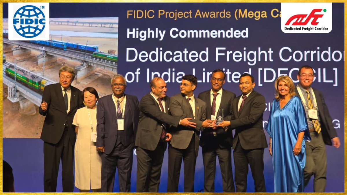 dfccil_india's tweet photo. 𝐀 𝐦𝐨𝐦𝐞𝐧𝐭 𝐨𝐟 𝐢𝐦𝐦𝐞𝐧𝐬𝐞 𝐩𝐫𝐢𝐝𝐞 𝐟𝐨𝐫 𝐃𝐅𝐂𝐂𝐈𝐋 𝐚𝐧𝐝 𝐈𝐧𝐝𝐢𝐚! 🇮🇳🏆

Dedicated Freight Corridor Corporation of India Limited (DFCCIL) has won the Highly Commended Award at the 2026 @FIDIC Global Infrastructure Awards in the Mega Project Category.

This prestigious recognition celebrates DFCCIL’s commitment to engineering excellence, innovation and world-class infrastructure development, strengthening India’s logistics and freight transportation network.

The award was received on behalf of DFCCIL by Sh. Pawan Kumar, ED/P&CM; Sh. Ajay Kr. Srivastava, JGM/Procurement/Civil; Sh. Naveen Chaddha, JGM/CM; Sh. Madhup Kr. Upadhyay, JGM/P&CM/Civil; and Sh. Piyush Kamal, DGM/CM/S&T.

Another proud milestone in India’s journey towards world-class #freight infrastructure!

#DFCCIL #FIDIC2026 #GlobalInfrastructureAwards #DedicatedFreightCorridor #Infrastructure #TransformingTransportation