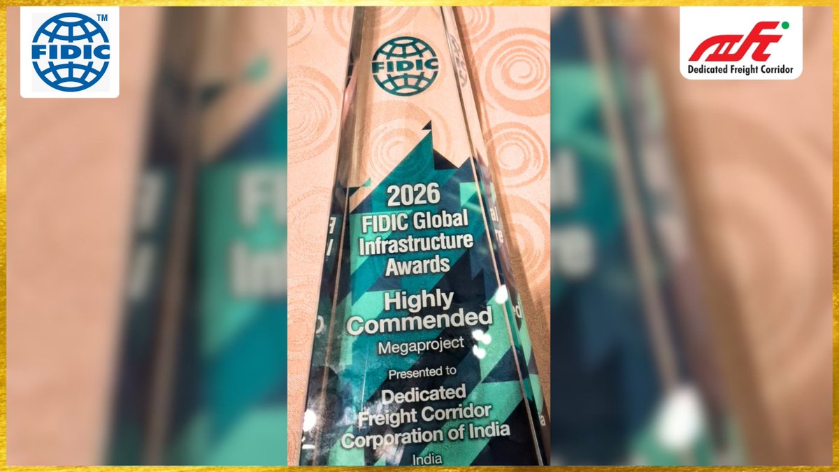 dfccil_india's tweet photo. 𝐀 𝐦𝐨𝐦𝐞𝐧𝐭 𝐨𝐟 𝐢𝐦𝐦𝐞𝐧𝐬𝐞 𝐩𝐫𝐢𝐝𝐞 𝐟𝐨𝐫 𝐃𝐅𝐂𝐂𝐈𝐋 𝐚𝐧𝐝 𝐈𝐧𝐝𝐢𝐚! 🇮🇳🏆

Dedicated Freight Corridor Corporation of India Limited (DFCCIL) has won the Highly Commended Award at the 2026 @FIDIC Global Infrastructure Awards in the Mega Project Category.

This prestigious recognition celebrates DFCCIL’s commitment to engineering excellence, innovation and world-class infrastructure development, strengthening India’s logistics and freight transportation network.

The award was received on behalf of DFCCIL by Sh. Pawan Kumar, ED/P&CM; Sh. Ajay Kr. Srivastava, JGM/Procurement/Civil; Sh. Naveen Chaddha, JGM/CM; Sh. Madhup Kr. Upadhyay, JGM/P&CM/Civil; and Sh. Piyush Kamal, DGM/CM/S&T.

Another proud milestone in India’s journey towards world-class #freight infrastructure!

#DFCCIL #FIDIC2026 #GlobalInfrastructureAwards #DedicatedFreightCorridor #Infrastructure #TransformingTransportation