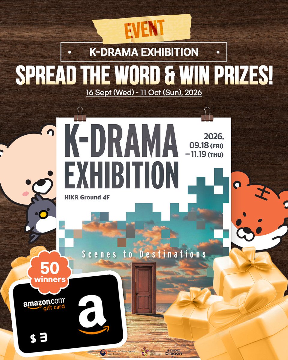 krew_en's tweet photo. What if you could step right into a K-drama?
At HiKR Ground in Seoul, that imagination becomes reality. ✨
A line you can’t forget, an unforgettable scene,
an OST you want to hear again, props you’ve always been curious about, and even filming locations you’ve dreamed of visiting.
A place to collect your favorite K-drama memories in five different ways.
<Scenes to Destinations>
If you’re a Hallyu fan, this is one exhibition you won’t want to miss!
#EVENT: K-DRAMA EXHIBITION 🎁
Spread the Word & win prizes!
✔ Event Period: 16 Sept (Wed) – 11 Oct (Sun), 2026
✔ Winner Announcement: 20 Oct (Tue), 2026
※ Winners will be announced in the comments of this post.
✔ How to Participate
1️⃣ Follow us (IG: @ krew.en | X: @krew_en)
2️⃣ Share this post on SNS (Feed, Story) or a Hallyu community
Required hashtags: #Krew #KdramaExhibition
3️⃣ Submit your content link and personal information through the Google Form: https://t.co/Ydiph9Xao6
🎁 Event Prizes
- Amazon Gift Card $3 (50 winners)
Which K-drama are you most excited to see at the exhibition?
Tag a friend you’d love to go with!
#Krew #Kdrama #KoreaTravel #ThingsToDoInKorea