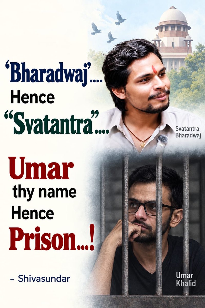 svaradarajan's tweet photo. Hard to deny the truth of this. A politically well connected goon who boasts about cracking someone’s skull and acknowledges committing violent acts gets mail in a jiffy. While the other, Umar Khalid, rights activist, scholar and advocate of peaceful political struggle, has been in jail for six long years without bail on totally BOGUS CHARGES and NO PROSPECT of his trial starting anytime soon.