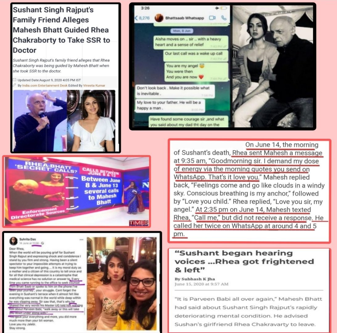 Yasmin2186's tweet photo. Mahesh Bhatt & Rhea's chat after leaving SSR on 8June:

"Our last call was a wake up call:

"You've again unclipped my wings, twice."

'It Takes Guts to do wht u did', we know what she did, drugged Sushant on @MaheshNBhatt orders threatened to fix him in Disha's death n conspired in his murdér.

They exchanged 16 calls btw 8-13 June. He evn sent her a text msg on 14 June at 2.35 pm saying, "Call me".

Why CBI did not interrogate Dark Cat Psycho Bhatt? @CBIHeadquarters
#JusticeForSushantSinghRajput