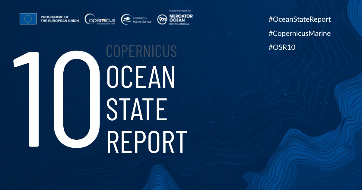 The image is a promotional graphic for the "10th Copernicus Ocean State Report." It features logos from the European Union, Copernicus, and Mercator Ocean International. The background has a stylized ocean wave pattern. Hashtags are displayed: #OceanStateReport, #CopernicusMarine, #OSR10.