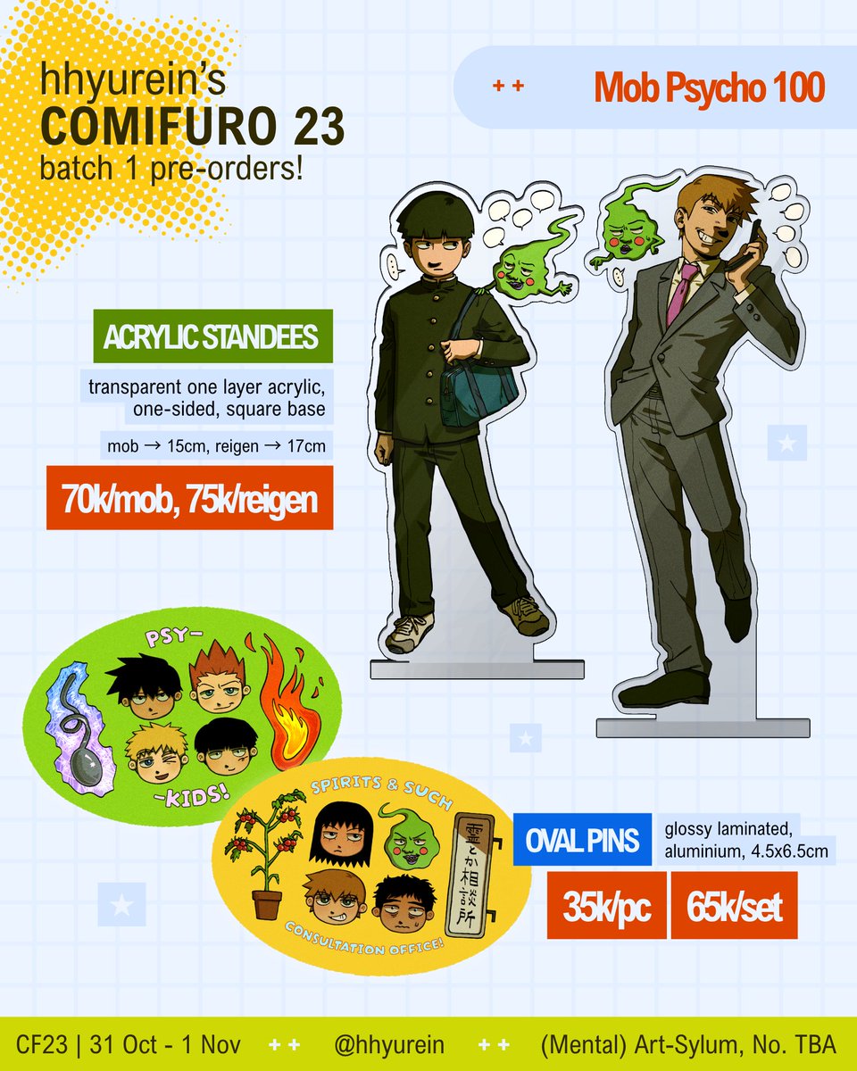 hhyurein's tweet photo. (🫀 &amp; 🔁 greatly appreciated..)

My  #CF23 batch 1 pre-orders are open!!

🗓 PO period: 16 - 21 Sept
📦 Pick up ONLY (both days)
📺 Mob Psycho 100, Disco Elysium, No Home, Originals (Bugs, AngelxDevil)
🔗 Link below ...!

(1/2)
#CF23Catalogue #Comifuro23 https://t.co/KTCt4fu7uN