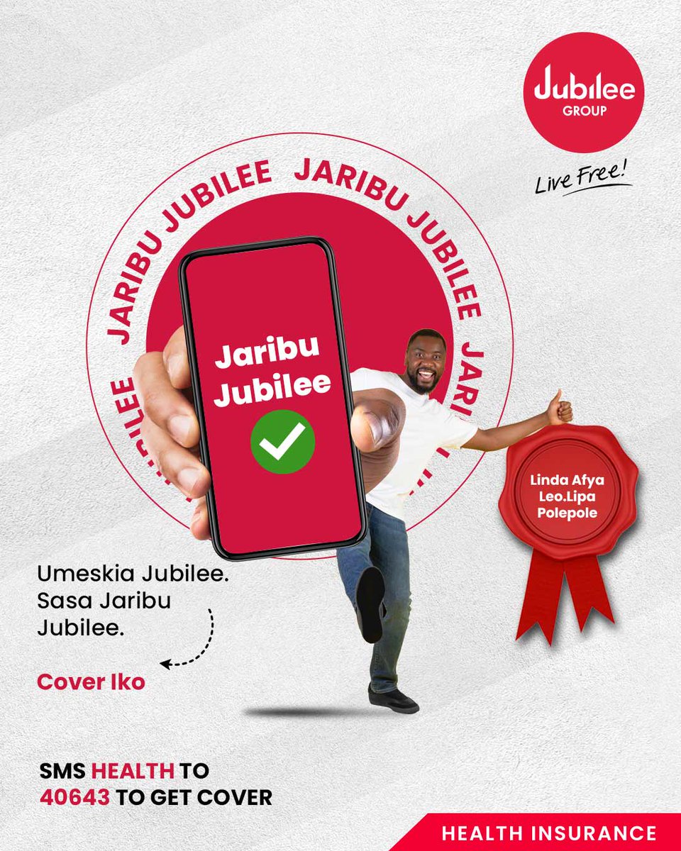 JubileeGroupKE's tweet photo. With over 89 years of experience and being a leading health insurer, you can trust us with your health and wellness journey!​

Jaribu Jubilee. ​

📩 SMS “Afya” to 40643, dial *706*2# to buy a cover now, or get your quote here: https://t.co/DrmjHu6fW5​

#JubileeHealth #LiveFree https://t.co/poaeTuagzy