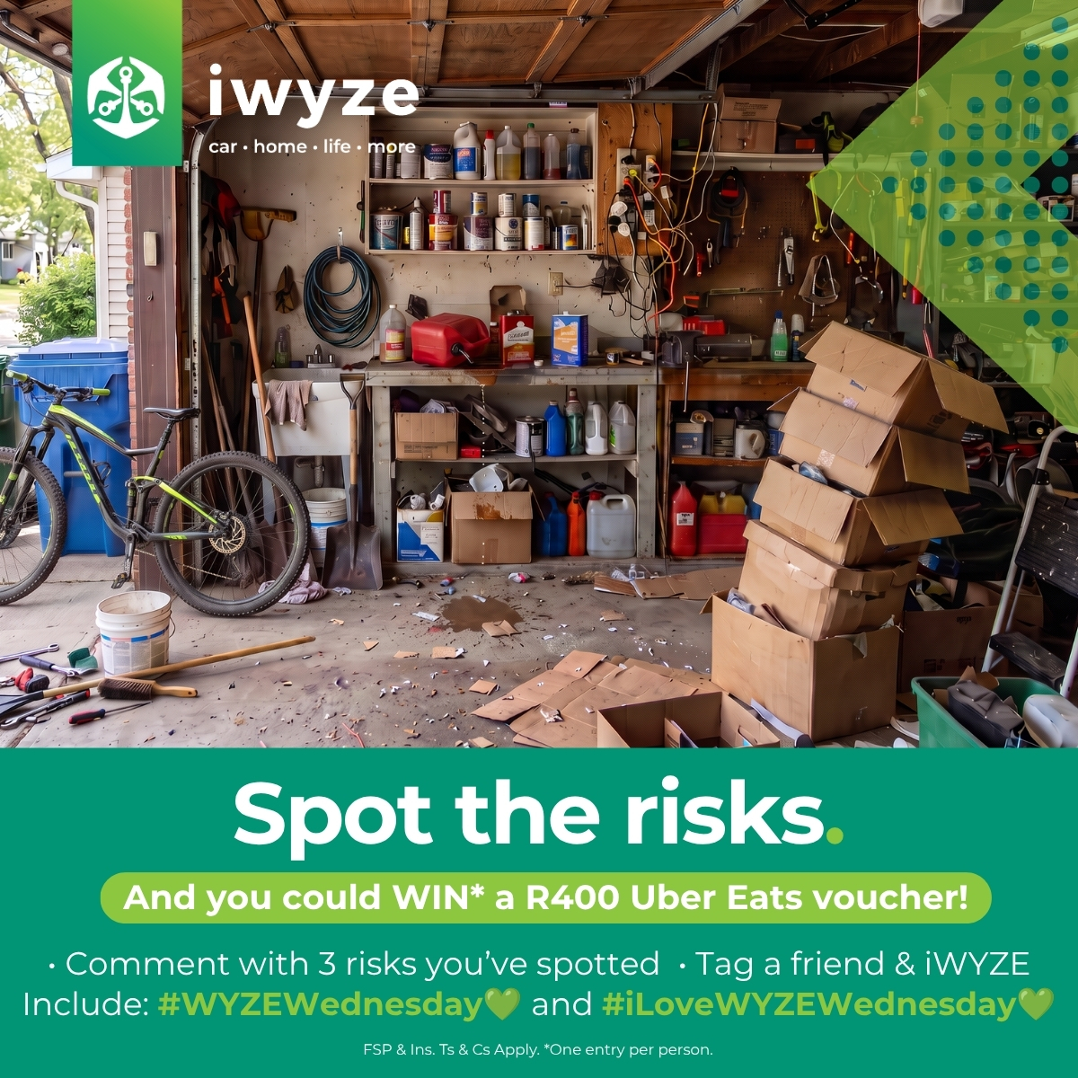 iwyze's tweet photo. It's time for the #WYZEWednesday Challenge!

Spot the hidden risks &amp; WIN* a R400 Uber Eats voucher

To enter:
✅ Follow iWYZE
✅ Answer + #iLoveWYZEWednesday 💚 #WYZEWednesday 💚
✅ Tag a friend

Ts &amp; Cs: https://t.co/cApvRr8hzL
Learn more: https://t.co/sXD9zl2Ejo https://t.co/B2m6AAJzsj