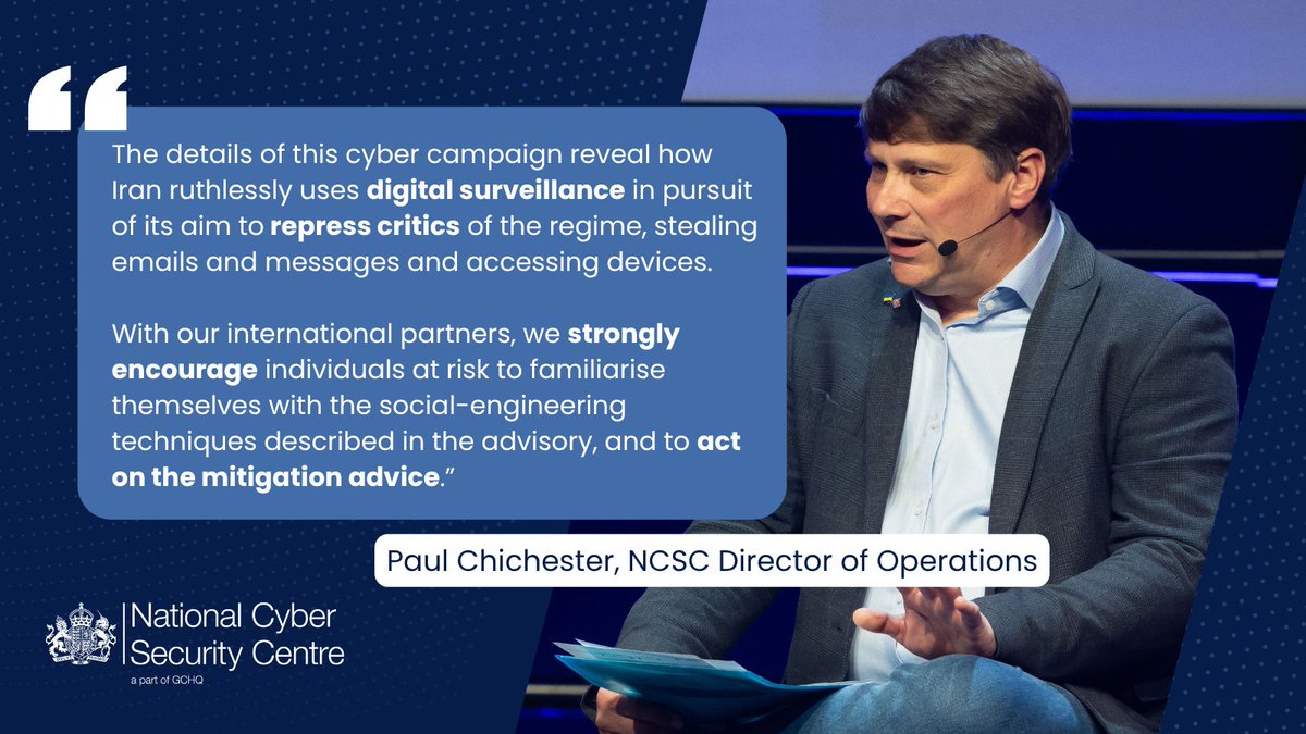 NCSC's tweet photo. A new advisory exposes Iranian state cyber attackers using malware dubbed CHOSEN BRICK. Our Director of Operations Paul Chichester @0xchich says individuals at risk should follow advice in our new advisory⬇️
https://t.co/zGzsaPOd5B https://t.co/iy7ZeuIsMP