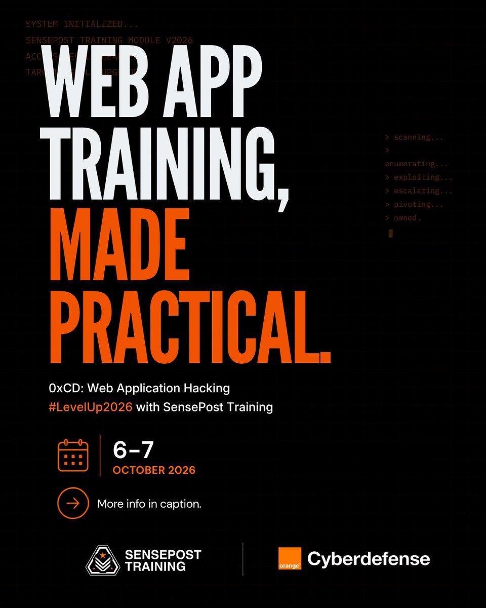 sensepost_train's tweet photo. Web app training, made practical.

Join 0xCD: Web Application Hacking at #LevelUp2026 with SensePost Training.

📅 6-7 Oct 2026
🔗 https://t.co/T9gfTIYky6 

#WebApplicationSecurity #CyberSecurityTraining https://t.co/cVjdlhJzZD