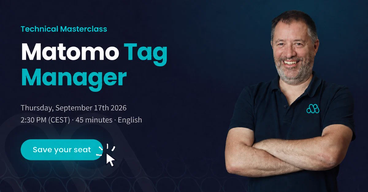 Smiling man in a navy shirt promoting a Matomo Tag Manager masterclass on September 17, 2026, with a call to save your seat.