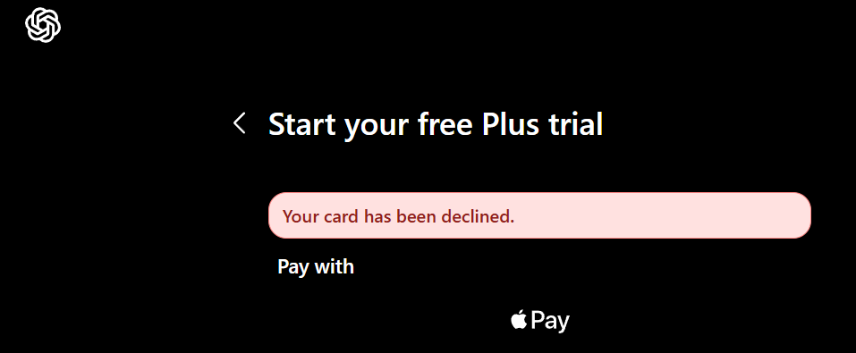 croclius's tweet photo. What the hell is wrong with @OpenAI? 

Tried 3 different cards but all got declined.

Any solution to this?? https://t.co/FRVdm4Ix03