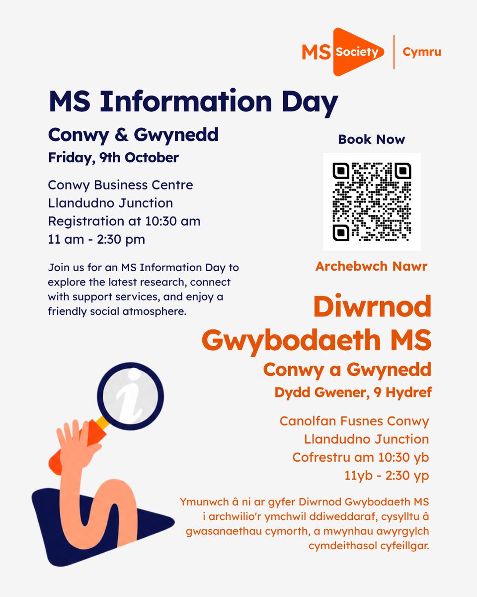 mscymru's tweet photo. 📢 Join us for an MS Information Day in Conwy &amp; Gwynedd! 🧡 Ymunwch â ni am Ddiwrnod Gwybodaeth MS yng Nghonwy a Gwynedd! 📢

Fri 9 Oct | Conwy Business Centre, Llandudno Junction
Registration from 10:30am | 11am - 2:30pm

📱 Scan QR code, or email Brian.Watson@mssociety.org.uk https://t.co/oluT0R9hLs