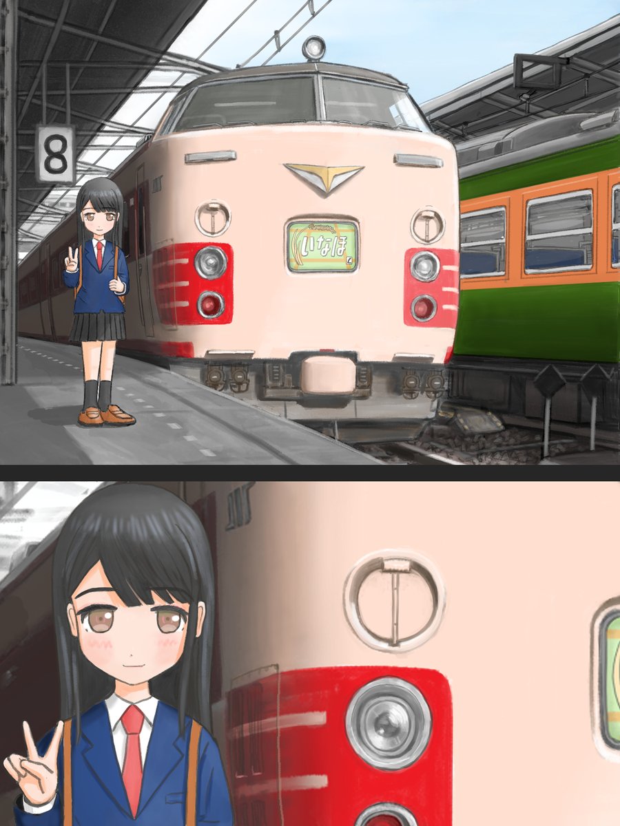 nayuna_kita_i's tweet photo. 昭和の上野駅。乗車前の記念撮影する人多く、写真を見返すと知らない子がちょくちょく車両と一緒に写ってる。当時羨ましいなぁと思いながら撮影した写真をイラスト化。モデルはうちの娘、自称ＪＫちゃんに差し替え。 #イラスト #国鉄 https://t.co/4FOPs1ozmT