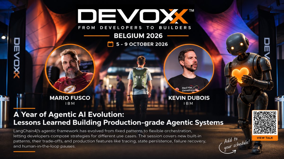 Devoxx's tweet photo. Another highly anticipated Devoxx Belgium conference talk is the one from @mariofusco and @kevindubois on the Agentic AI Evolution and lessons learned! 🚀 
https://t.co/tDbYBcHM0T https://t.co/lkzpbDlDcj