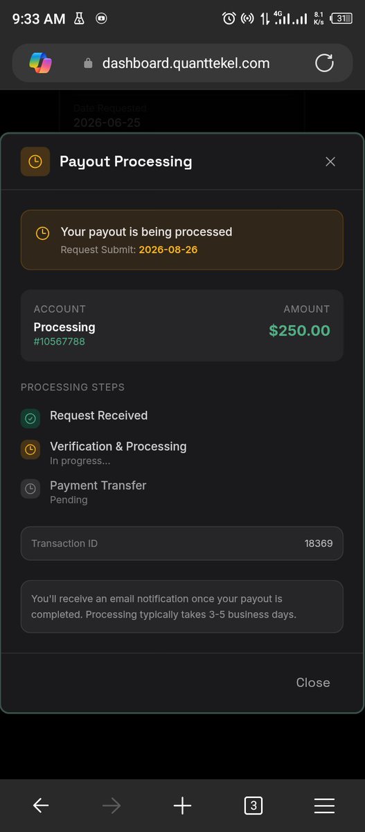 IsMoDev's tweet photo. Request for Payout – Account #10567788

Dear QT Funded Team,

I am writing to follow up regarding my payout request for Account #10567788, which I submitted on 26 August 2026.

My payout is still pending, and I would appreciate it if your team could kindly review the status of my request and proceed with the payout processing.

Please confirm the current status of my payout and when I should expect it to be completed.

Thank you for your attention to this matter. I look forward to your prompt response.

Best regards,
Isaac 
Account ID: 10567788
Transaction ID: 18369
Ticket ID: QT-267F98AE47C2

@QtFunded @AlexQuantTekel @JamesQuantTekel #ISMODEV @IsMoDev 
16/09/2026