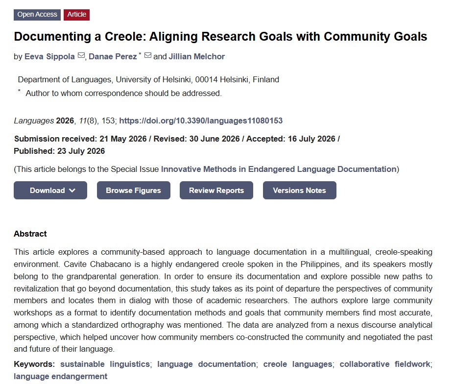 Languages_MDPI's tweet photo. 📢 Call for Reading:
"Documenting a Creole: Aligning Research Goals with Community Goals"
👤Authors: Eeva Sippola, Danae Perez and Jillian Melchor
🔗Full Text: https://t.co/NrbPODJGcC
#LanguageDocumentation #LanguageEndangerment #LanguagesMDPI https://t.co/agwx69SgtH