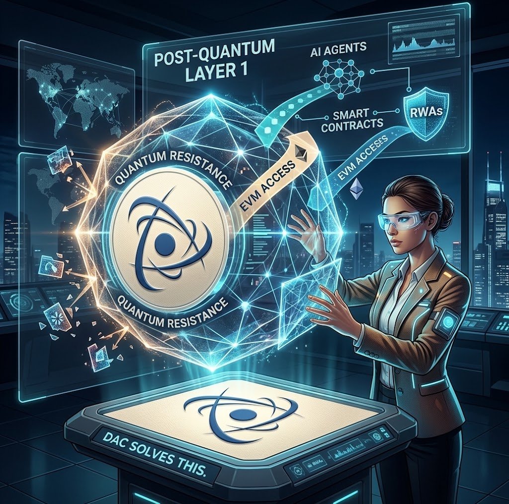 dillahLay's tweet photo. AI Agents will control trillions in crypto, but can their tech survive quantum computing?

@dac_chain solves this: a post-quantum L1 built to protect AI agents, smart contracts, &amp; RWAs with EVM access.
The future of AI needs quantum resistance today. https://t.co/FIRCDI70GH