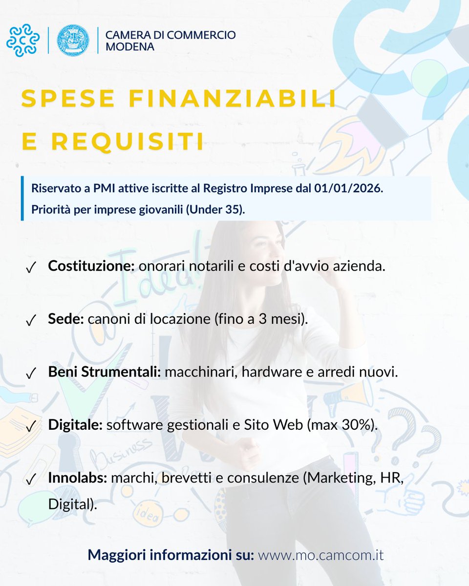 CamComModena's tweet photo. 💡 Hai aperto un'attività a #Modena nel 2026?

Per te fino a 3.000€ a fondo perduto per #sito, #marketing, #consulenze, #brevetti e tanto altro.

Priorità agli under 35. 
📅 Domande: 21 settembre - 2 ottobre, ma precompilazione già disponibile
Info👇 https://t.co/CwMTWR6ivH https://t.co/gXe6YHYzqG