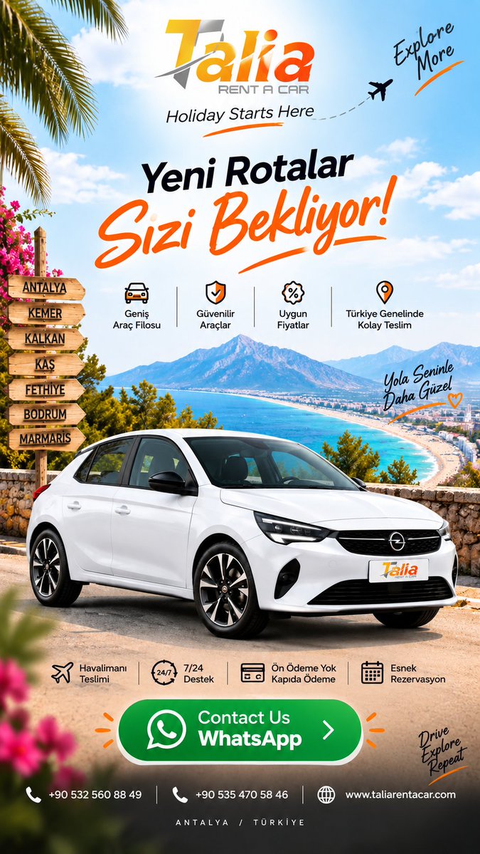 taliarentacar's tweet photo. Hayalindeki rota seni bekliyor 🚗✨
İster şehir içinde konforlu bir sürüş, ister keşif dolu uzun bir yol

🎯 Holiday Starts Here
🎖️ Experienced • Reliable • Best Price
📱 +90 532 560 88 49
📱 +90 535 470 58 46

@taliarentacar 

#yolculuk #Seyahat #tatil #yaz #güneş #antalya https://t.co/mlvSKoDAhT