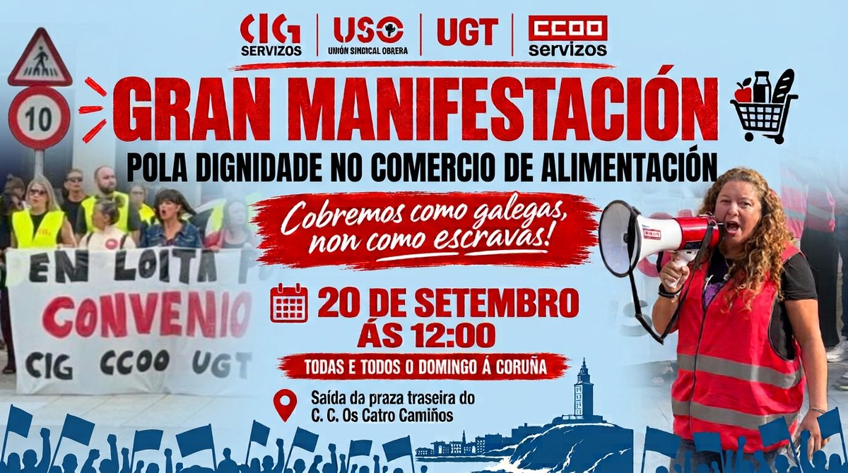 ccoogalicia's tweet photo. 📢 «Cobremos como galegas, non como escravas!» Logo das mobilizacións de onte en Ferrol, o comercio de alimentación da provincia segue co seu calendario de protestas e chama a todo o sector a participar na manifestación deste domingo na Coruña. https://t.co/EHUJPMdZzP