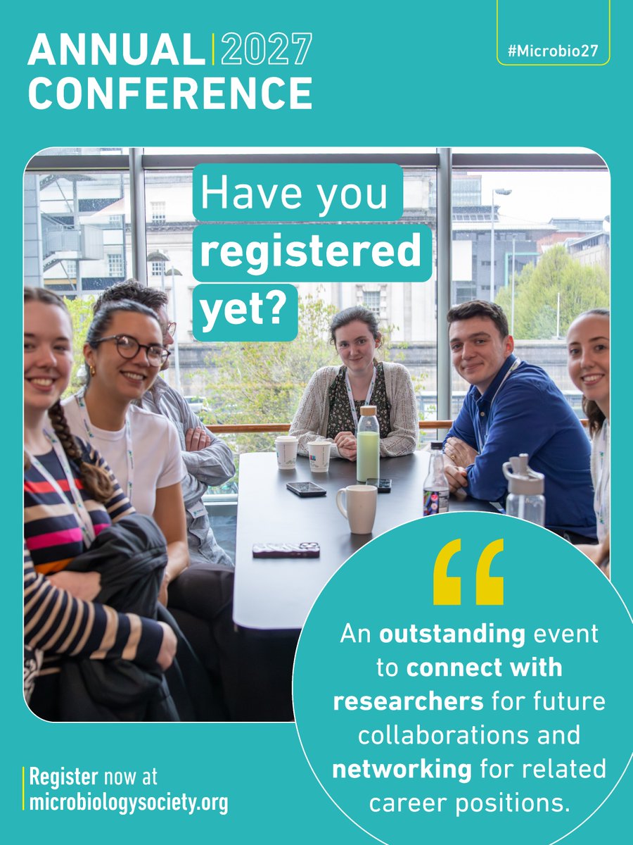 Group of young professionals sitting around a table, promoting registration for the 2027 Annual Conference focused on microbiology networking and research.