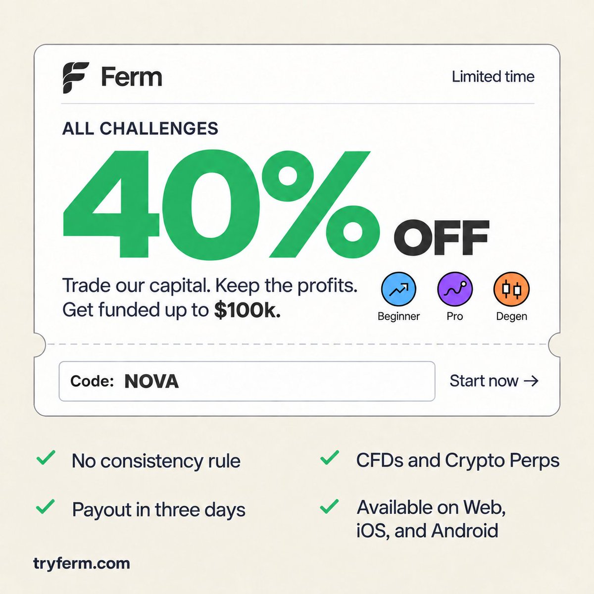 NovaXTrade's tweet photo. 🚨 10× $10,000 GIVEAWAY 🚨

We’ve partnered with @tryferm to give away 10× $10,000 funded accounts!

To enter:
• Follow:  @tryferm , @NovaXTrade &amp; @propfirmrefer
• Like &amp; Repost
• Comment why you deserve to win

$100,000 in total funding.

Good luck, Winners Announced Soon. https://t.co/olCrboze7c
