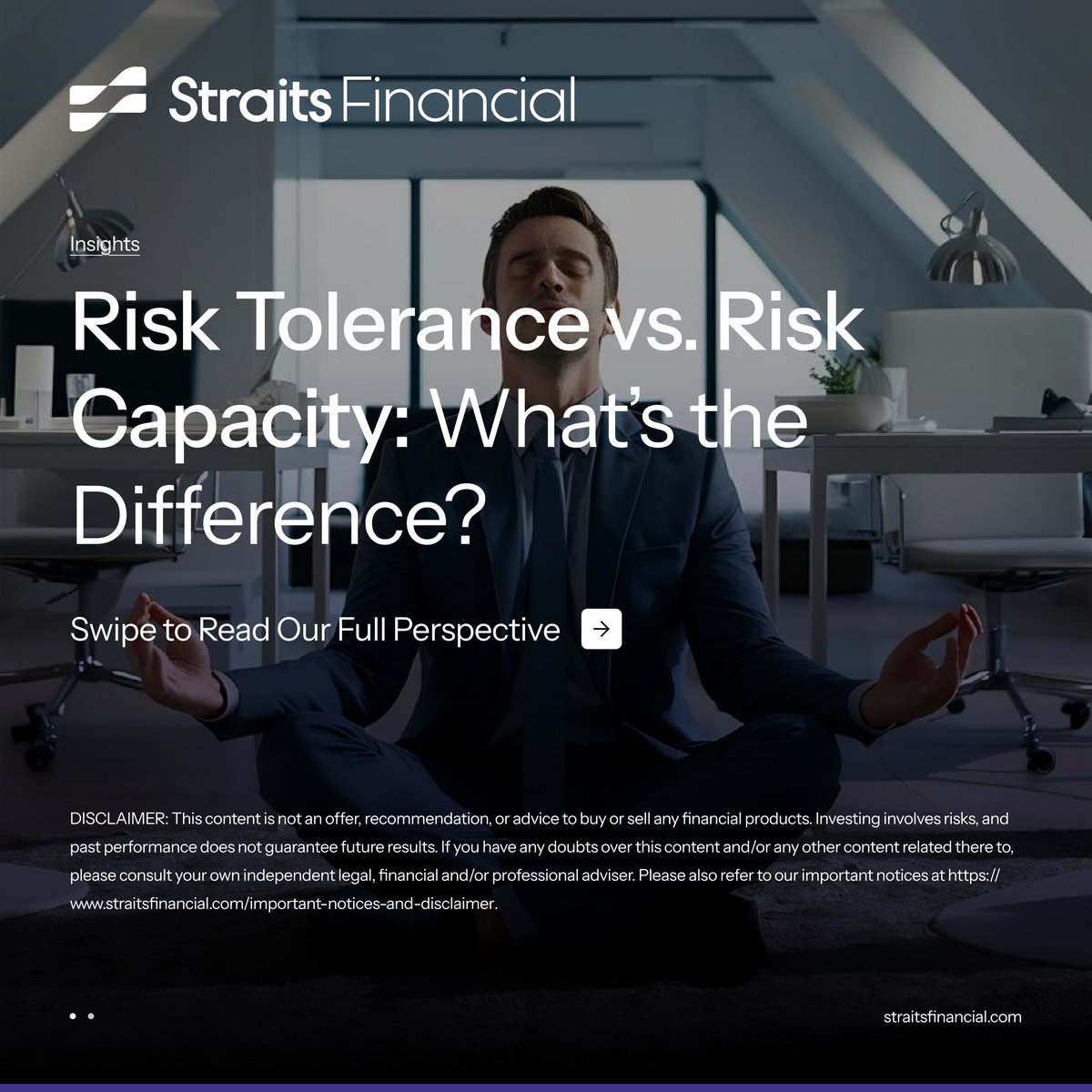 StraitsFinance's tweet photo. Risk tolerance and risk capacity may sound similar, but they measure two very different things.

Risk tolerance reflects how comfortable you are with uncertainty and market fluctuations, while risk capacity focuses on how much investment risk your financial situation can support.

Understanding the difference can provide a clearer picture of your overall investment risk profile. Explore 5 key differences between risk tolerance and risk capacity.

#RiskTolerance #RiskCapacity #InvestmentRisk

DISCLAIMER: This content is not an offer, recommendation, or advice to buy or sell any financial products. Investing involves risks, and past performance does not guarantee future results. If you have any doubts over this content and/or any other content related thereto, please consult your own independent legal, financial and/or professional adviser. Please also refer to our important notices at https://t.co/JuixMJY7en.