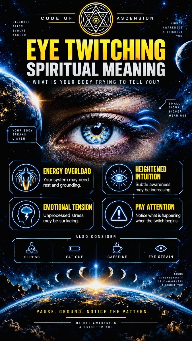 CodeofAscension's tweet photo. Eye twitching again? 👁️⚡
Spiritually, some interpret it as a cue to slow down and pay attention.
Sometimes the “sign” is simply your body asking you to notice the pattern.
https://t.co/UCLZlY61D3
#EyeTwitching #SpiritualMeaning #CodeOfAscension https://t.co/rOT9wjm9jR