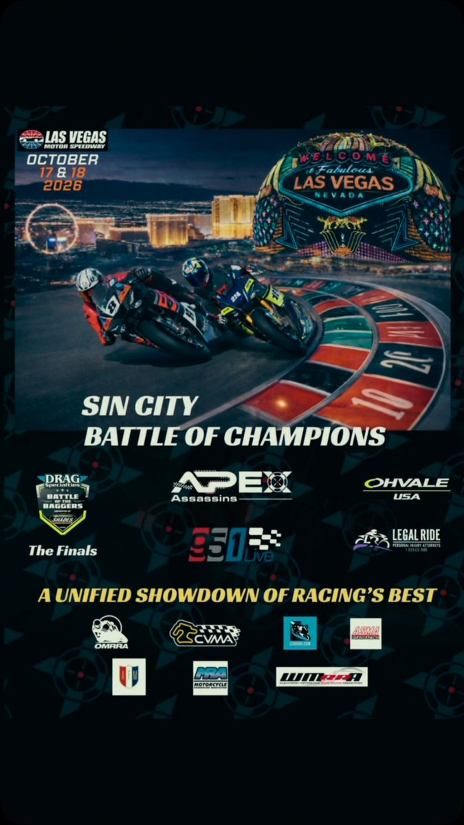 ColumbusGag7's tweet photo. SIN CITY BATTLE OF CHAMPIONS! October 17–18 at Las Vegas Motor Speedway! West Coast’s top racers unite, plus Bagger Racing League Finals. More classes, vendors, food trucks, beer garden, and family fun. Kids 12 and under free! https://t.co/L84UKk0IS5