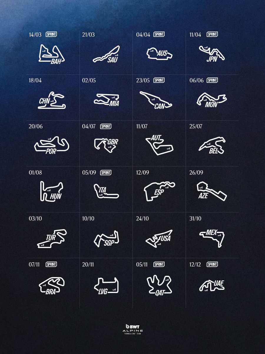 AlpineF1Team's tweet photo. 2027 Formula One Calendar REVEALED ✅

With ten sprints and 24 Grands Prix, we're in store for an exciting season https://t.co/3Zg2EgnzkA