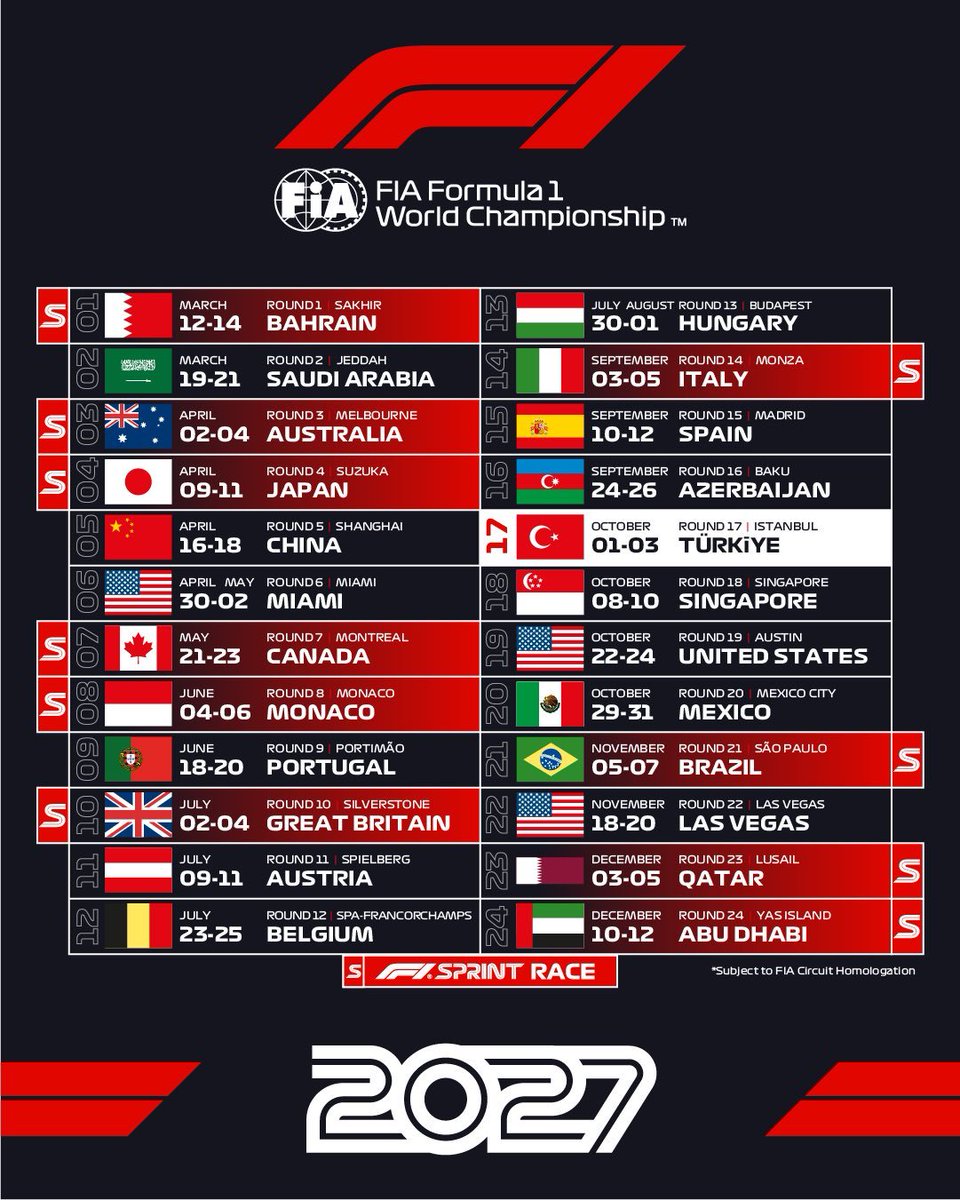 FormulaTurkiye's tweet photo. 🚨 SON DAKİKA | 2027 F1 TAKVİMİ AÇIKLANDI!

🇹🇷 Türkiye GP, 1-3 Ekim tarihleri arasında yapılacak. https://t.co/n7OxzeDMxP