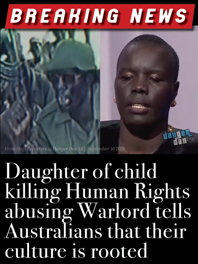 DangerBunker's tweet photo. So this Nyadol Nyuon's dad, William Nyuon Bany, one of the founders of the Sudan People's Liberation Army, was a human rights abusing prick who forced children to become soldiers. His daughter appeared on the ABC's shit show yesterday and lectured Australia on tax payer funded TV, that our culture needs to do better. Australia will do better when the likes of this entitled cunce leave our shores. Peter Dutton!!! #auspol @PaulineHansonOz  #australia @abcnewsaus