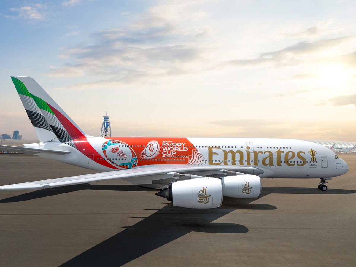 emirates's tweet photo. The countdown to @rugbyworldcup is on, and our special edition A380 is first on the pitch! 🏉✈️
 
#Emirates #FlyBetter #RWC2027 https://t.co/Z4JZc03Eak