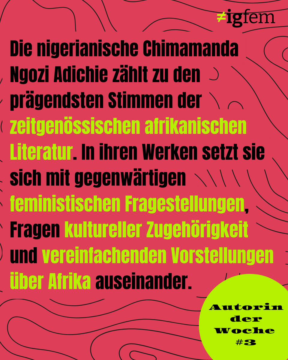 igfemat's tweet photo. 📖 Jeden Mittwoch stellen wir euch eine Autorin der FemLit-Leseliste vor - heute: Chimamanda Ngozi Adichie!
⭐ Weitere Informationen zur Leseliste findet ihr unter: https://t.co/7cMIyFaOHZ

#FeministischeLeseliste #AutorinDerWoche #ChimamandaNgoziAdichie #FeministischeLiteratur https://t.co/ZuLM2EHIot