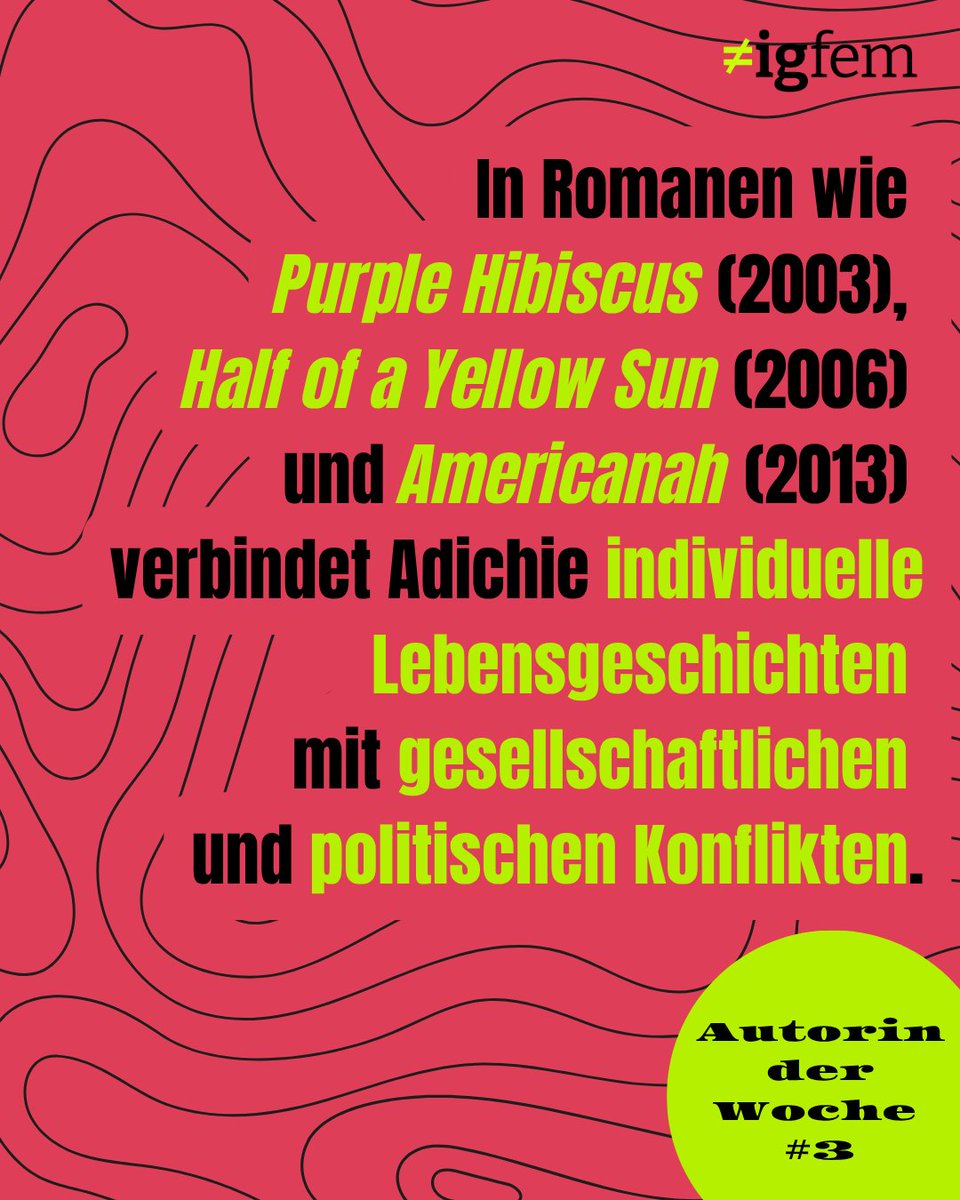igfemat's tweet photo. 📖 Jeden Mittwoch stellen wir euch eine Autorin der FemLit-Leseliste vor - heute: Chimamanda Ngozi Adichie!
⭐ Weitere Informationen zur Leseliste findet ihr unter: https://t.co/7cMIyFaOHZ

#FeministischeLeseliste #AutorinDerWoche #ChimamandaNgoziAdichie #FeministischeLiteratur https://t.co/ZuLM2EHIot